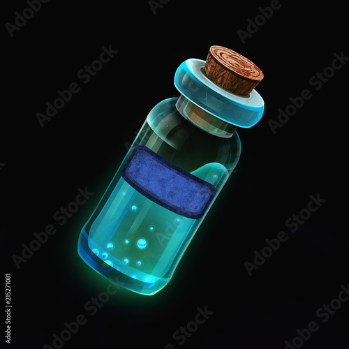 Bright magic potion; witch inventory; game icon isolated on black; transpsrent glass little bottle with shine sparkle liquid; antidote or poisone icon bottle with empty lable; green radiation  photo