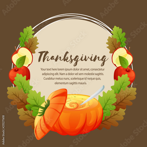 autumn card leaves pumpkin and apple