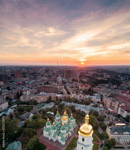 Aerial view of St. Sophia Cathedral at sunset in Kiev, Ukraine. Tourist Sight. Ukrainian baroque
