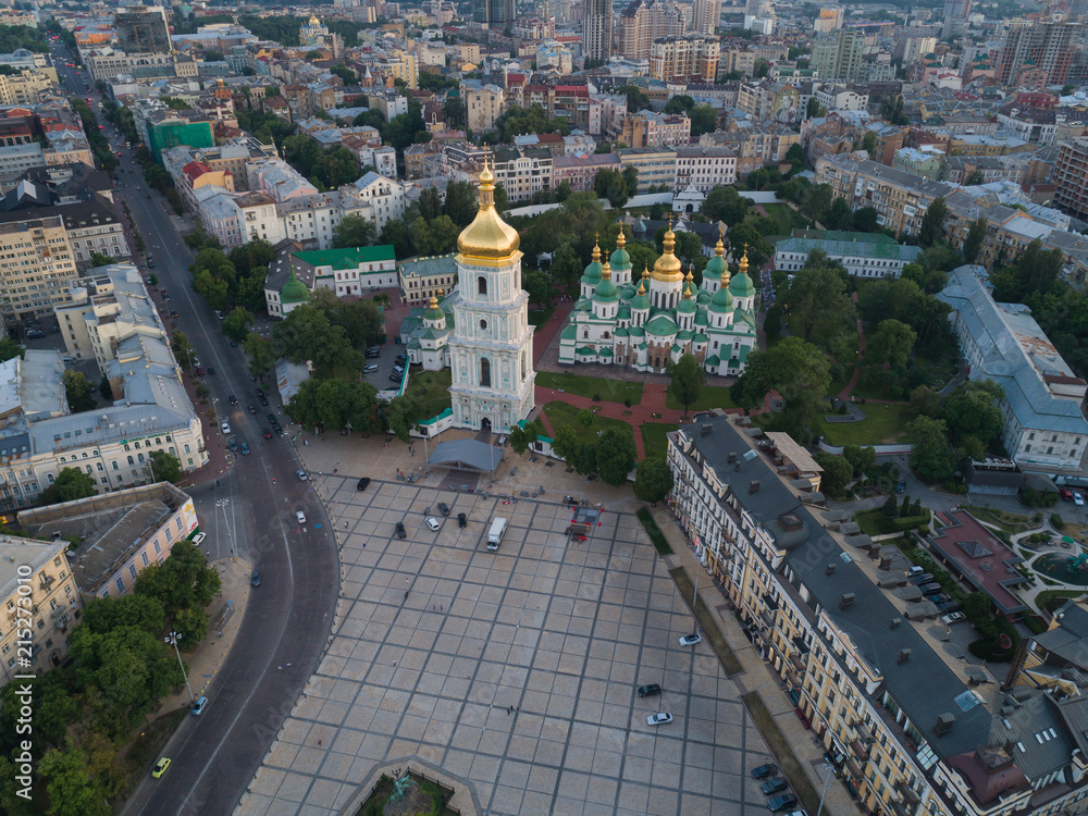 Aerial view of Sofievskaya Square and St. Sophia Cathedral in Kiev, Ukraine. Tourist Sight. Ukrainian baroque