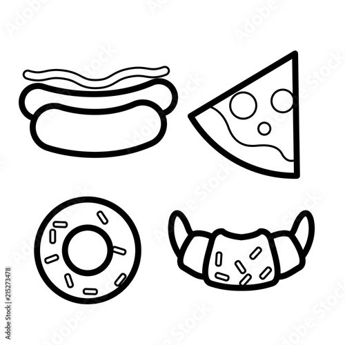 Fast food icons - hot dog, pizza slice, croissant and doughnut