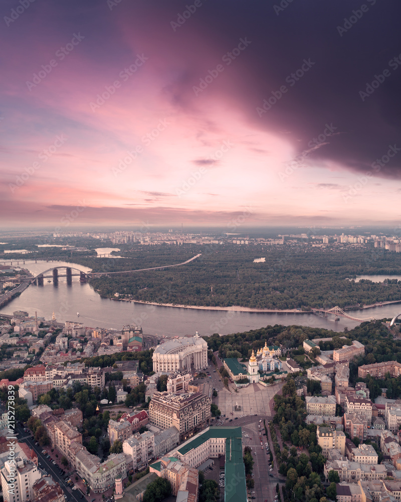Panoramic Aerial view of Sofievskaya Square and St. Sophia Cathedral and the Dnieper River in the background in Kiev, Ukraine. Tourist Sight. Ukrainian baroque