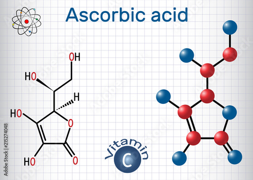 Ascorbic acid (vitamin C). Structural chemical formula and molecule model. Sheet of paper in a cage