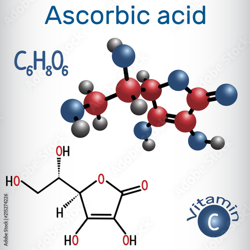 Ascorbic acid (vitamin C). Structural chemical formula and molecule model