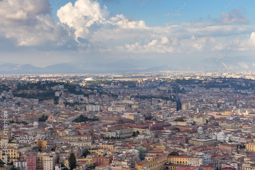 Naples and mountains top view. Naples cityscape. Travel concept. Aerial italian landscape. Neapol panorama.