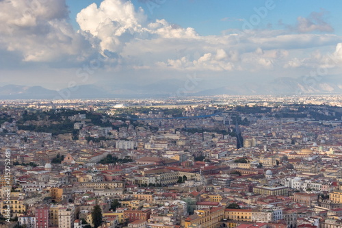 Naples and mountains top view. Naples cityscape. Travel concept. Aerial italian landscape. Neapol panorama.