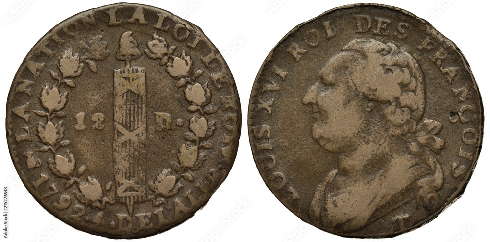 Fototapeta premium France French coin 12 twelve deniers 1792, fascine surrounded by branches, inscriptions in French people, law, king, 4th year of liberty, bust of king Louis XVI left,