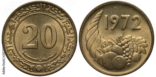 Algeria Algerian coin 20 twenty centimes 1972, face value in central circle, inscription in Arabic, horn of plenty with fruits, grapes, large date above,