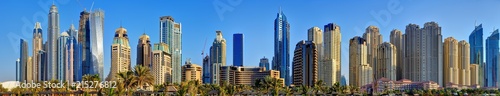 Panorama of of Dubai Marina skyscrapers from Marina beach