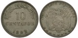 Bolivia Bolivian coin 10 centavos 1892, face value in center, date below, branches above, coat of arms, crossed flags and rifles, lama, mountain and sun,