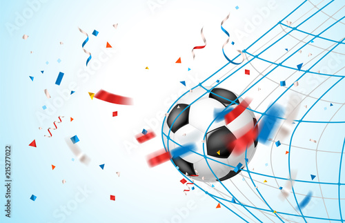 Goal concept. Leather soccer ball on a net