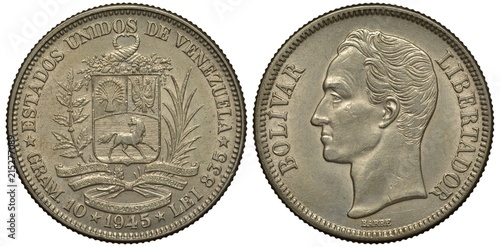 Tableau sur toile Venezuela Venezuelan coin 2 two bolivars 1945, shield with horse, stripes and tw