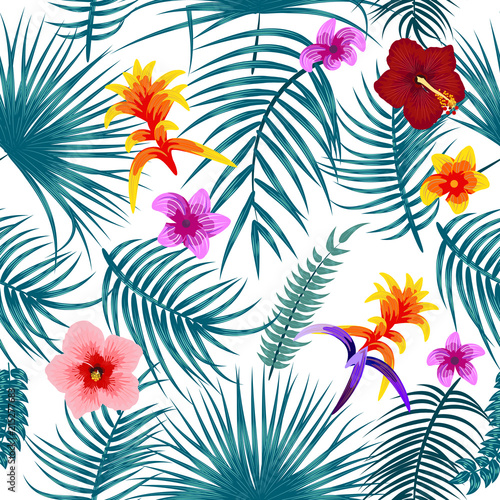 Tropical leaves and flowers seamless pattern, vector