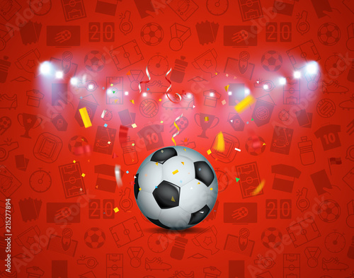 Soccer game winner concept. Illuminated soccer ball and confetti on football pattern