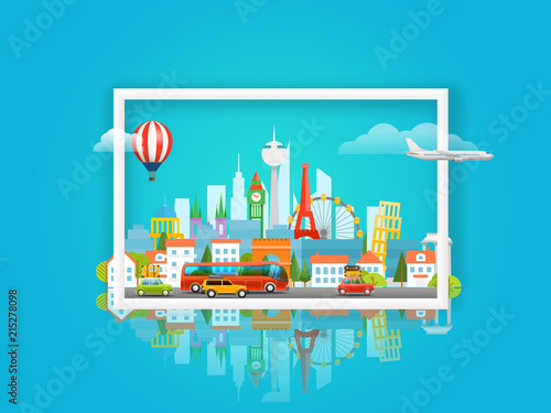 Vector illustration with cityscape. Travel concept