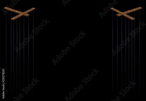 Puppet theater. Two wooden marionette control bars with long strings. Vector illustration on black background.