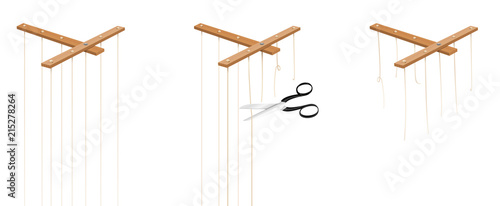 Puppet strings that are cut bay scissors in three steps. Isolated vector on white.