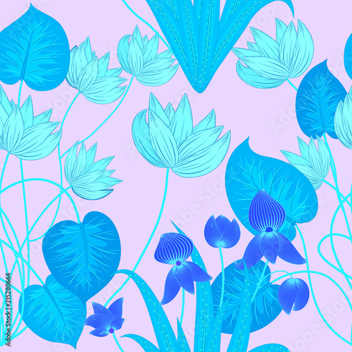 Tropical leaves and flowers seamless pattern in neon colors  vector