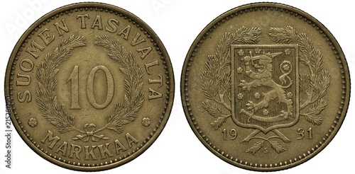 Finland Finnish Suomi coin 10 ten markkaa 1931, face value flanked by spruce branches with cones, lion with sword on shield in front of spruce branches,