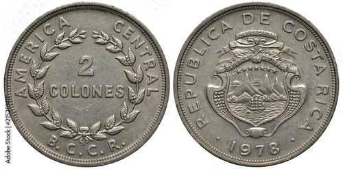 Costa Rica Costa Rican coin 2 two clones 1978, face value flanked by stylized laurel wreath, arms, shield with sailing ships, mountains and sun coming from behind the mountains, date below, photo