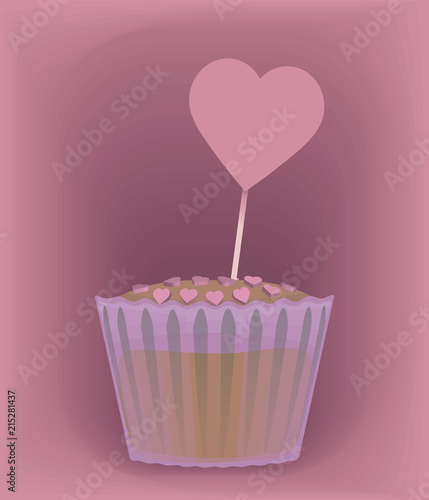 Vector cupcake in a paper form, sprinkled with a sweet pink drage by voluminous hearts with a heart-shaped plate stuck in a dough on a pink volumetric background object isolated on a white background.