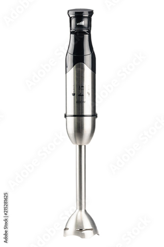 Black hand blender with accessory on the white background