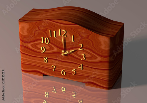 Old-fashioned table clock with gold digits and redwood clock face. Illustration. 3D graphic.