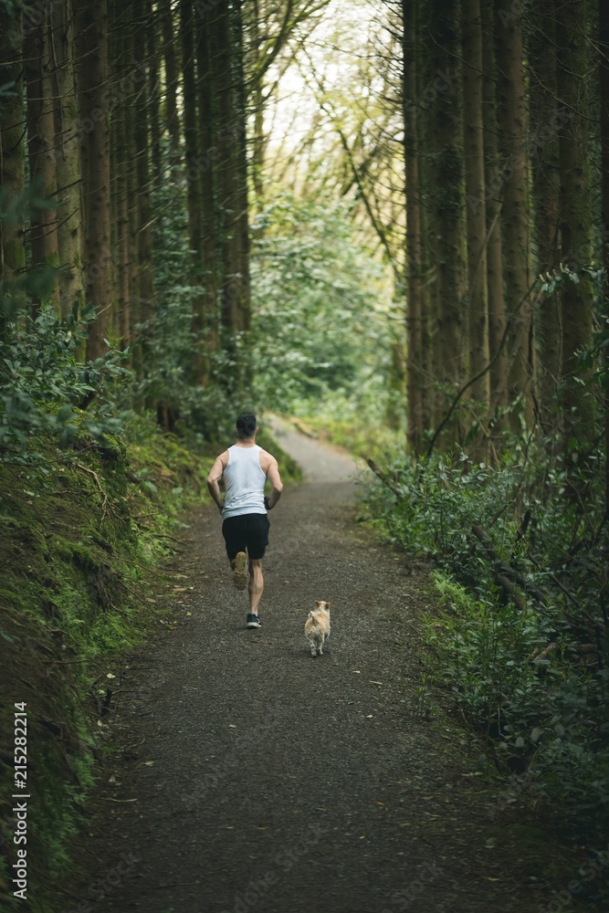 Man jogging with his dog in lush forest Man jogging with his dog in lush forest