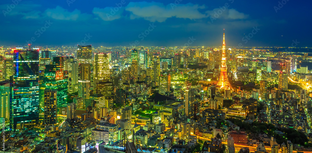 Obraz premium Panorama Tokio linia horyzontu przy błękitną godziną z iluminującym Tokio wierza od obserwatorium w Roppongi wzgórzy kompleksie, Minato okręg, Tokio, Japonia. Widok z lotu ptaka