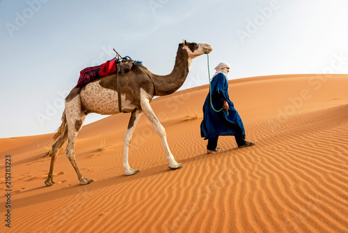 Berber and camel walking through the dunes on a sunny day photo