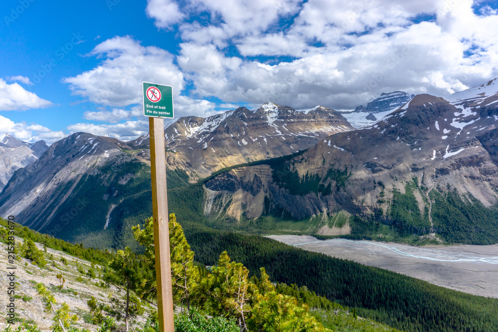End of hiking trail warning sign in the Canadian Rockies End of hiking trail warning sign in the Canadian Rockies