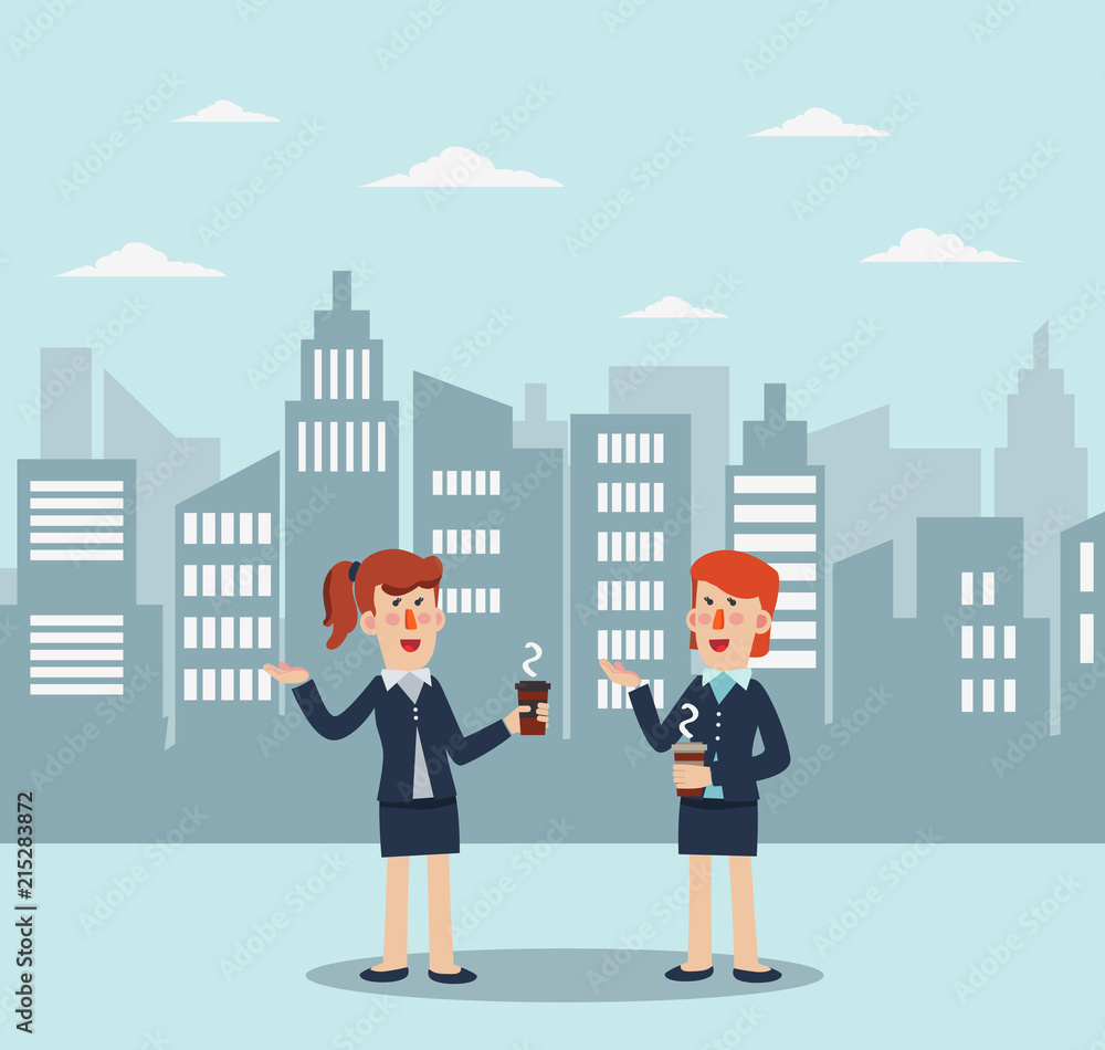 Two business women drinking coffee and talking in a city street. Coffee time, break and relaxation vector concept Two business women drinking coffee and talking in a city street. Coffee time, break and relaxation vector concept