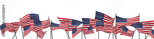 Cheering crowd with America national flags. The flag of America.