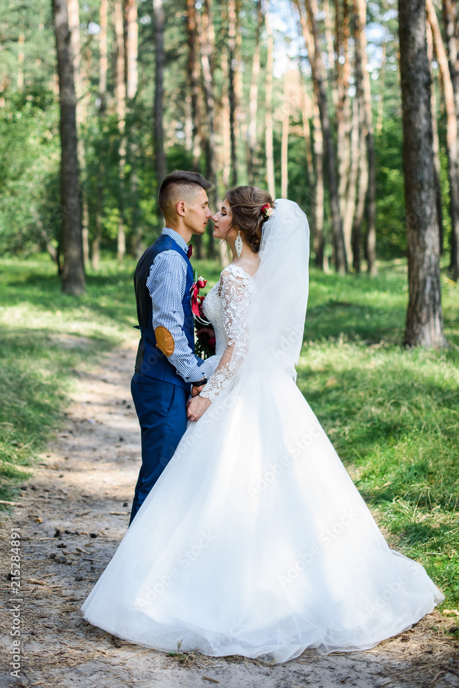 Bride and groom in a park kissing.couple newlyweds bride and groom at a wedding in nature green forest are kissing photo portrait.Wedding Couple