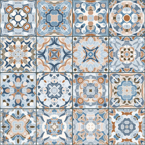 A collection of ceramic tiles in retro colors. A set of square patterns in ethnic style. Vector illustration.
