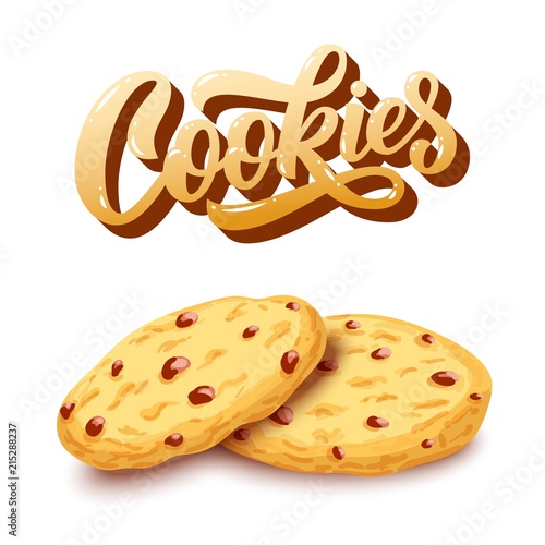 Cookies hand lettering, custom typography, cartoon letters with yummy sketch colorful pair of biscuits. Vector food type illustration