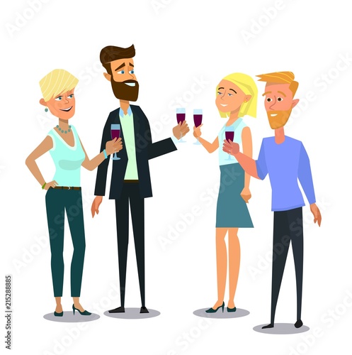 Business employees man, woman drinking wine on corporate party meeting clinking wine glasses.