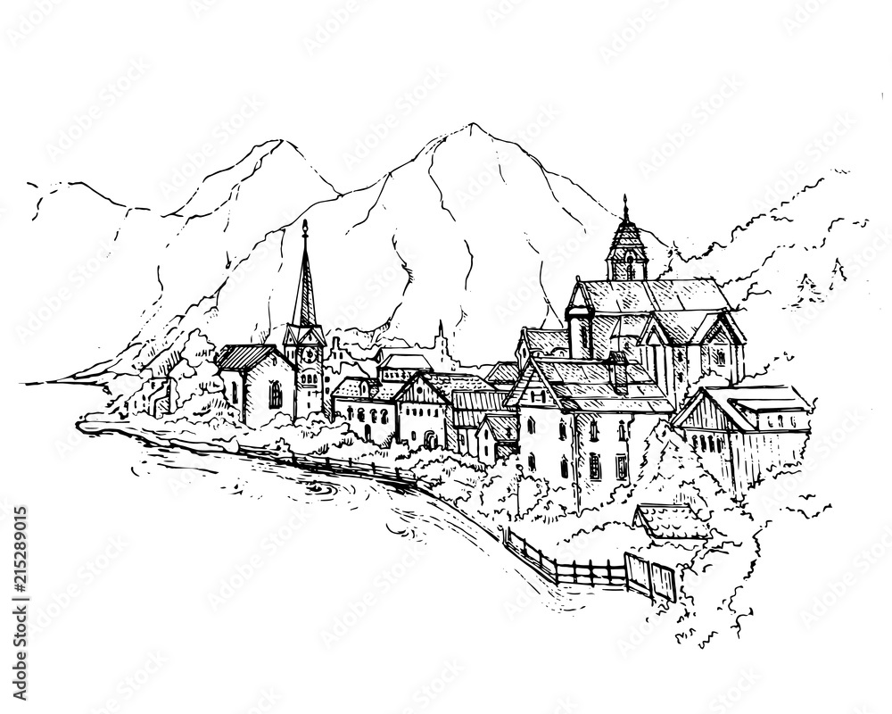 Vector Illustration of Scenic picture-postcard view of famous Hallstatt mountain village with Hallstaetter Lake in the Austrian Alps, region of Salzkammergut, Austria.Sketch