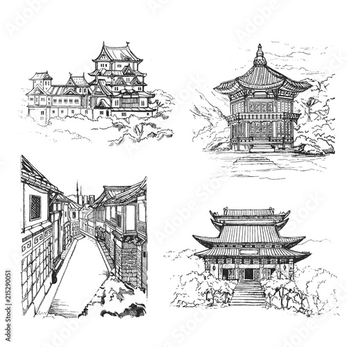 Set of asian historical showplaces for print,souvenirs, postcards.Sketch,illustration, hand drawn.Bukchon Hanok Village. Seoul,South Korea.Gyeongbokgung Palace.Hyangwonjeong. Himeji Castle.Japan.