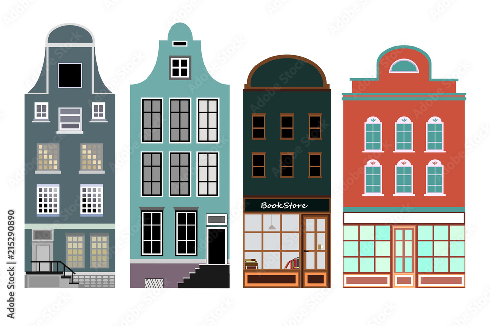 Set of front facade buildings: store, bookshop,. Abstract image in a flat design. Vector illustration isolated on white background