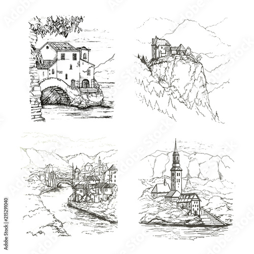 Set of  graphic sketch drawing of european cityscapes.Slovenia.Germany.France.Denmark.
