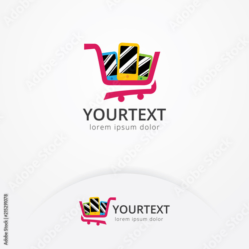 Phone shop logo design, Vector illustration of the mobile phone inside the shopping cart. Online shop and E-commerce logo template