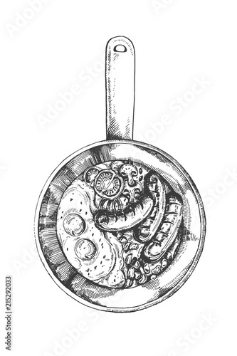 Illustration of Full English breakfast with fried eggs, sausages, beans,mushrooms and tomatoes.Traditional breakfast in a frying pan top view sketch illustration. 