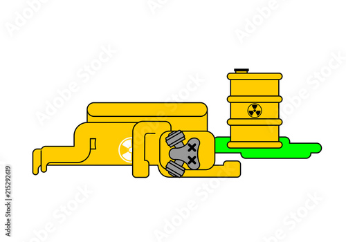 Explosion of radioactive waste. Yellow barre toxic. Dead Yellow Suit Chemical Biohazard protection. Costume Radioactive and biological hazard. Vector illustration