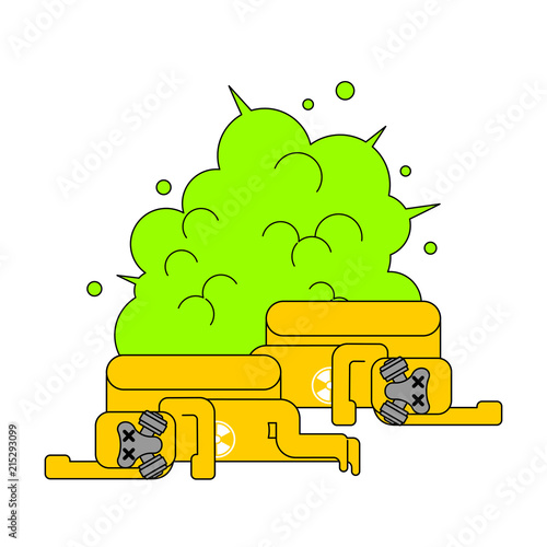 Explosion of radioactive waste. Yellow barre toxic. Dead Yellow Suit Chemical Biohazard protection. Costume Radioactive and biological hazard. Vector illustration