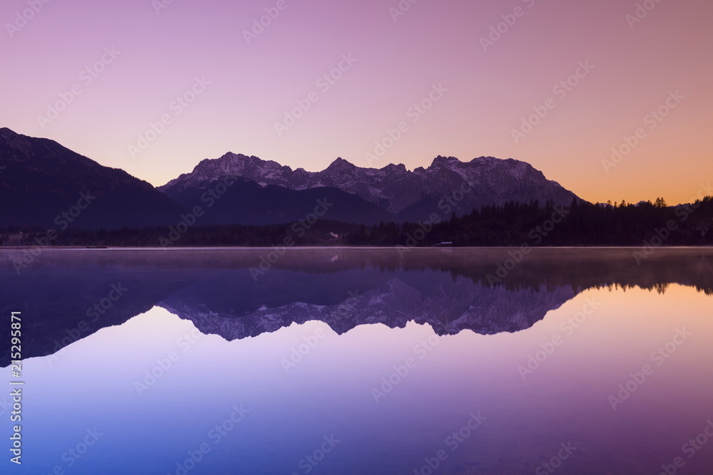 Karwendel Mountains Reflected in Lake Barmsee, Krun, Upper Bavaria, Bavaria, Germany Karwendel Mountains Reflected in Lake Barmsee, Krun, Upper Bavaria, Bavaria, Germany