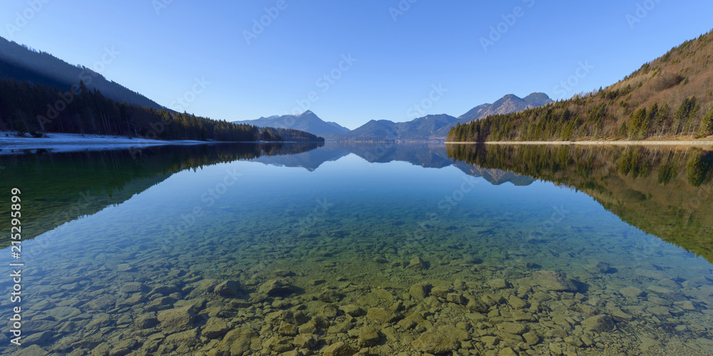 Mountain Landscape Reflected in Lake Walchensee, Kochel am See, Upper Bavaria, Bavaria, Germany Mountain Landscape Reflected in Lake Walchensee, Kochel am See, Upper Bavaria, Bavaria, Germany