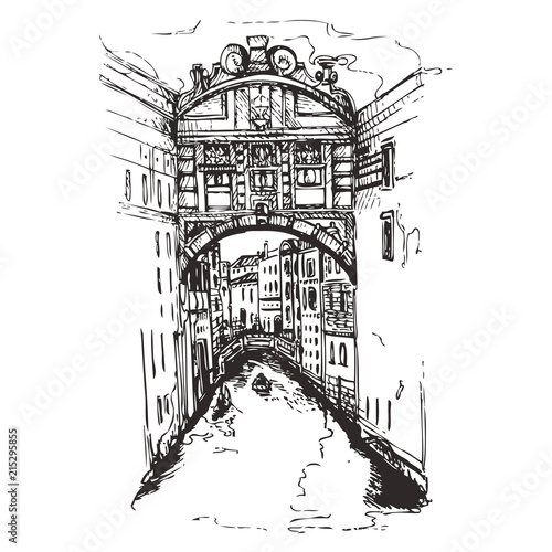 Bridge of Sighs at Doge's Palace, Venice, Italy.Italy with houses and water, drawn in sketch style.
