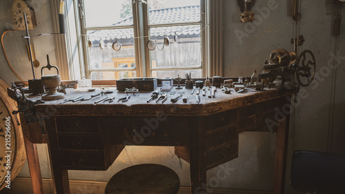 Old clockmakers workbench.