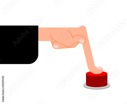 Finger presses Red button. Hand Press Vector illustration